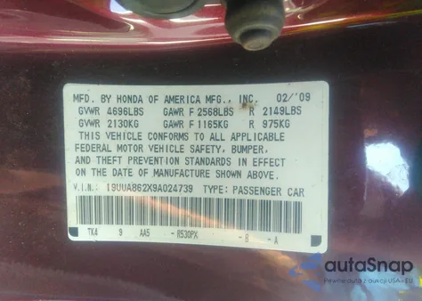 2009 Acura Tl 3.5 из США, поврежденный, VIN 19UUA862X9A024739